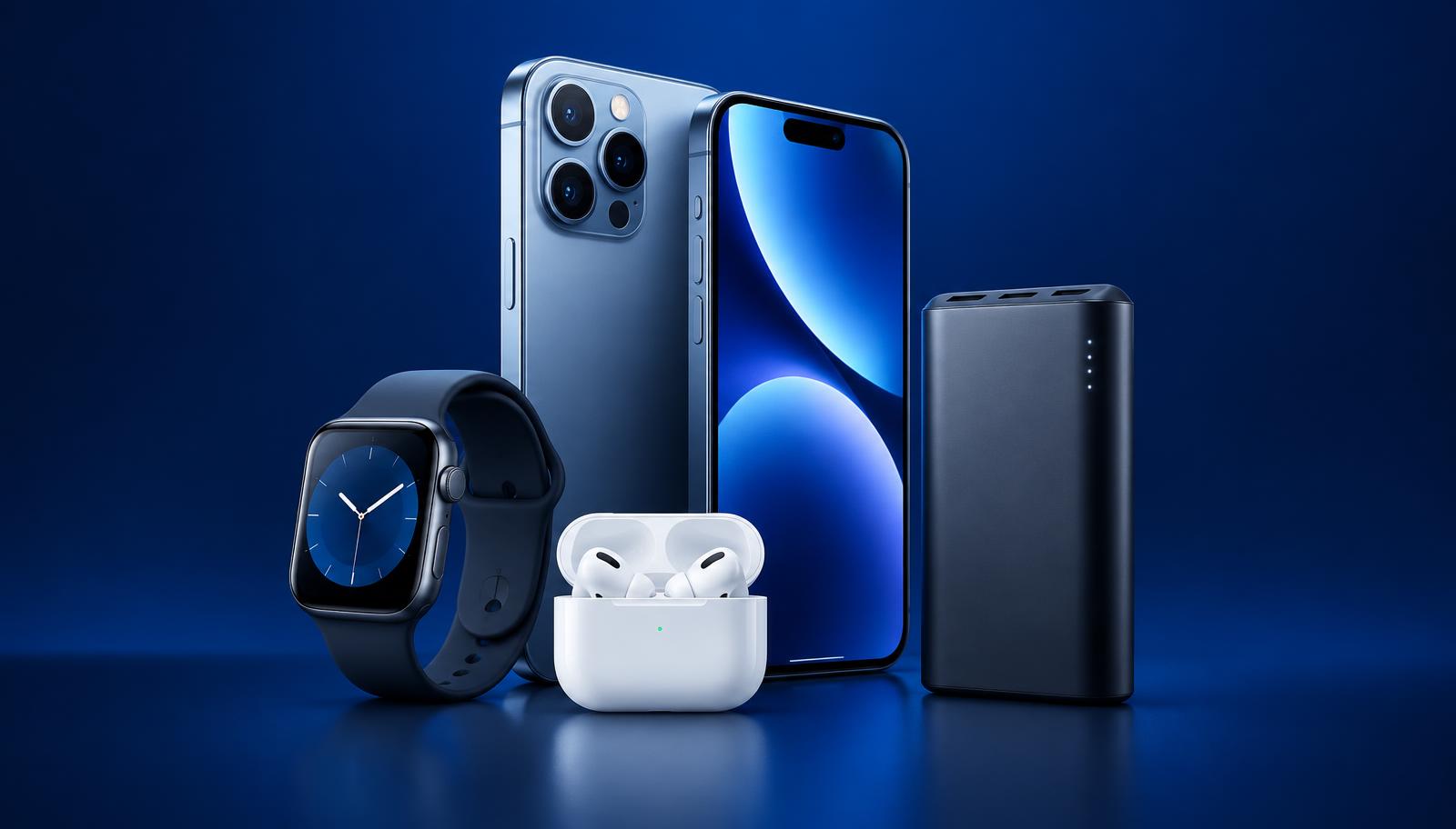 Smartphone, smartwatch, wireless earbuds and power bank on a blue background